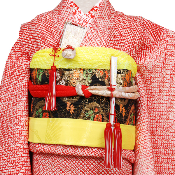 七歳祝い着セット 総しぼり(洗い朱に灰色ぼかし)
