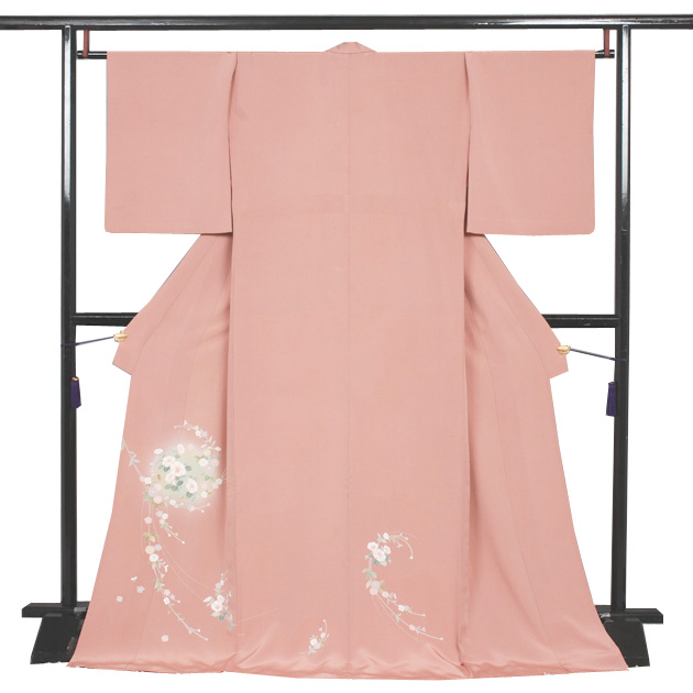 単衣訪問着［珊瑚色地の花輪模様］